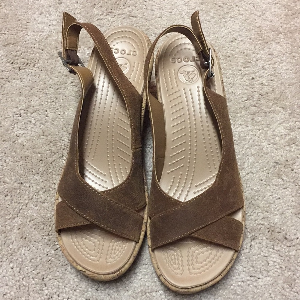 Crocs Brown Metallic Suede Cork Wedge size 9M